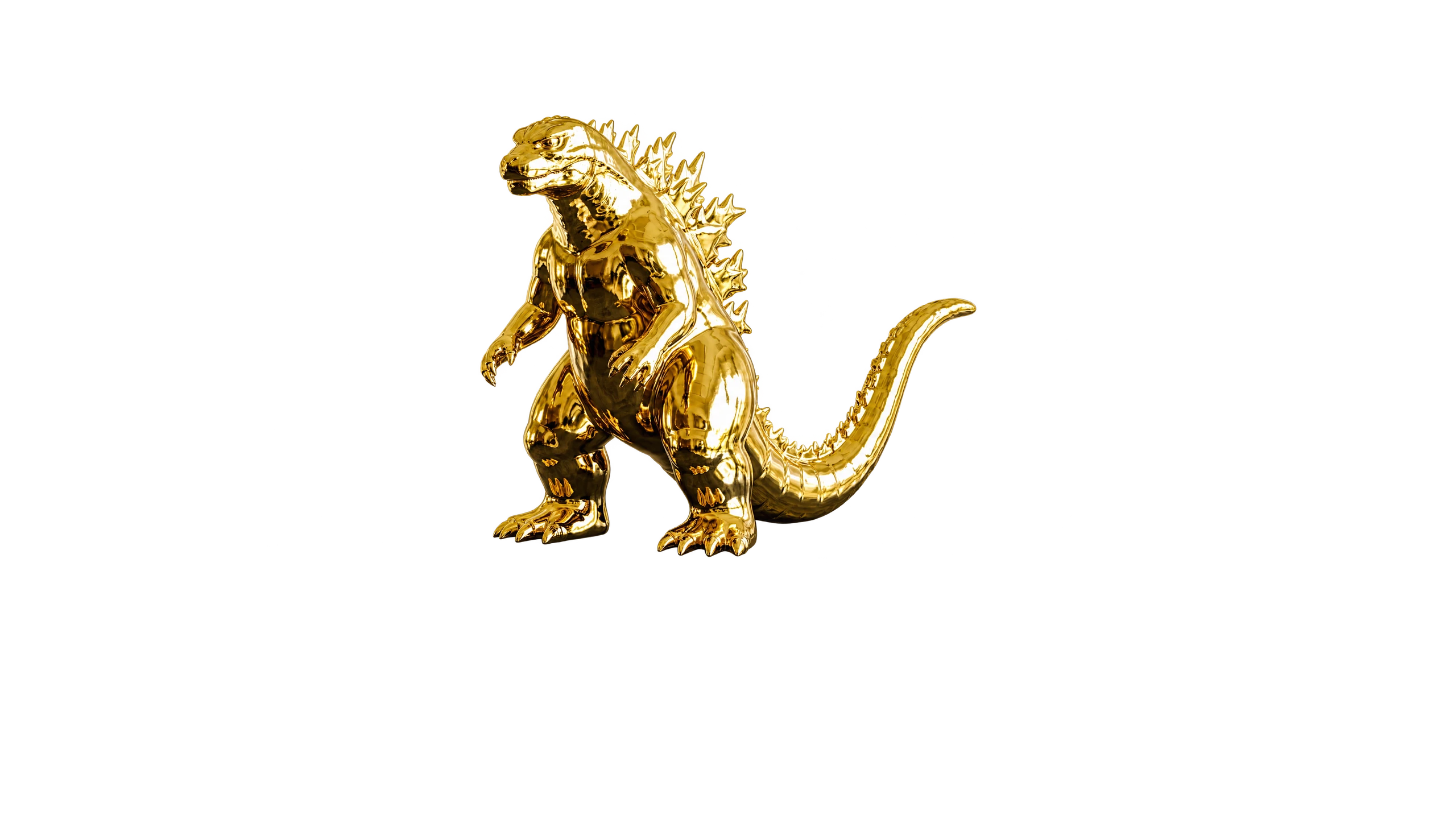 A solid-gold kaiju sculpture in a black-marble museum hall